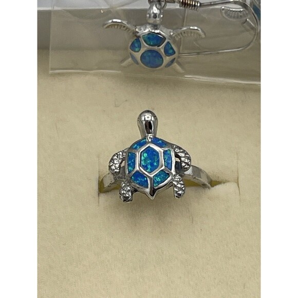 Honolulu Jewelry Co Sterling Silver Synthetic Opal Inlay Turtle Ring & Earrings - Picture 6 of 12